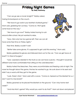 Football Reading Worksheets (Super Bowl)