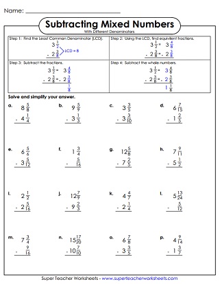 Subtracting Mixed Numbers Printable