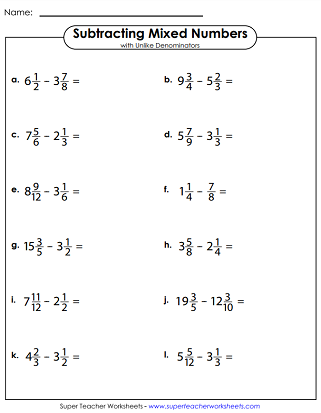 Subtracting Mixed Numbers Worksheets - Unlike Denominators