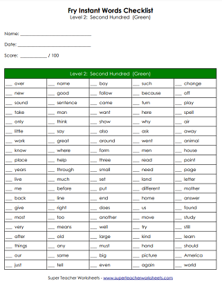 Printable Fry Word Checklist