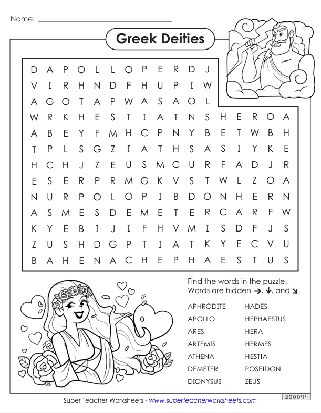 Word Search Greek Mythology Deities Worksheet