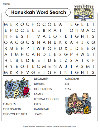 Hanukkah Worksheets (Word Search)