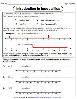 Printable Single Variable Inequalities Worksheets