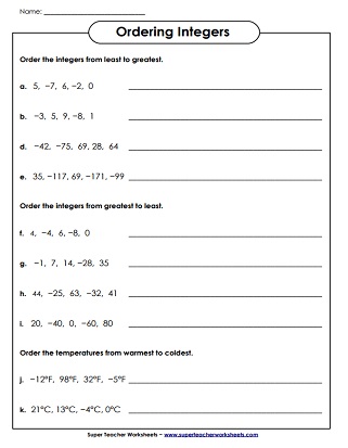 Ordering Integers Worksheet