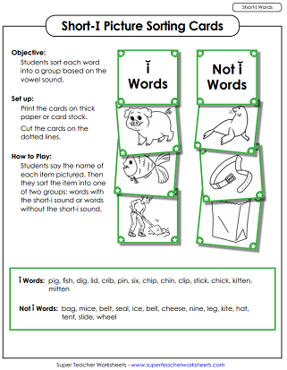 Short - I Worksheets - Sorting Cards