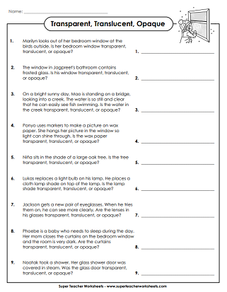 Light Energy Worksheets - Transparent, Translucent, Opaque