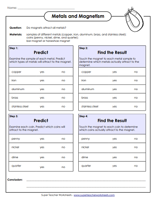 Magnetism Worksheets - Metals Experiment