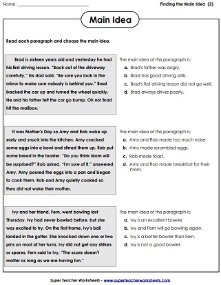 Main Idea Reading Worksheet