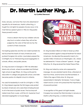 Martin Luther King Jr. Reading Comprehension