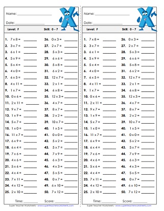 Multiplication Quiz Worksheets