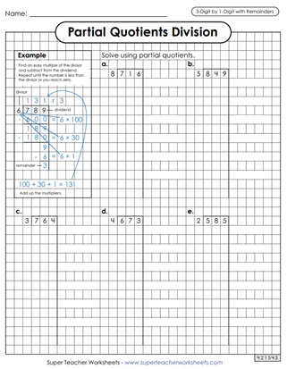 Partial Quotients Worksheets