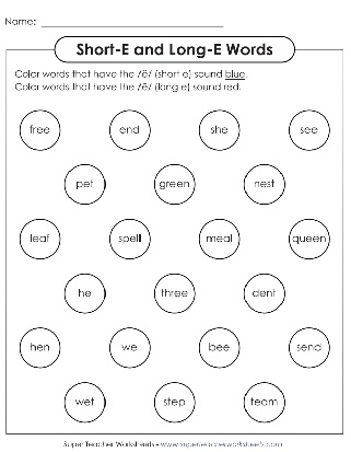 Phonics Vowel Sounds Long E Short E Worksheets