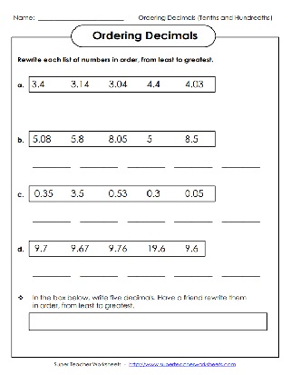 Ordering Decimals Worksheet