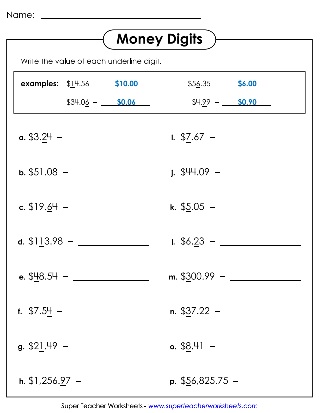 Place Value - Money Worksheets