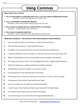 Punctuation Worksheets (Commas)