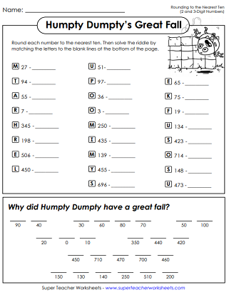 Rounding Nearest Ten Math Riddle Worksheet