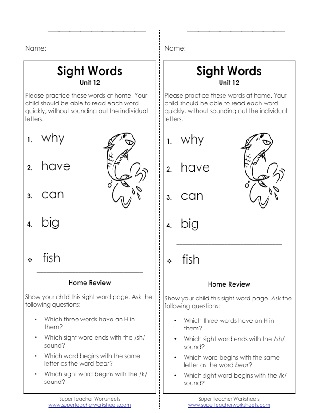 Sight Words Take Home List