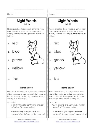 Sight Words Take Home List