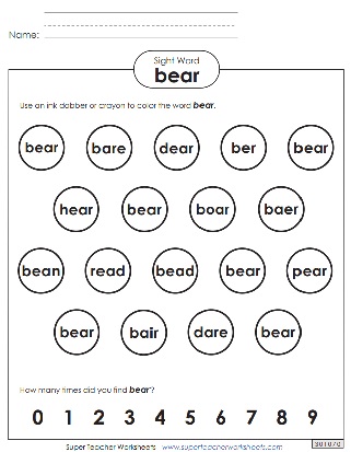 Snap Word Coloring Worksheets - Bear