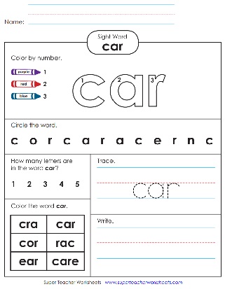 Sight Word Noun Worksheet: Car