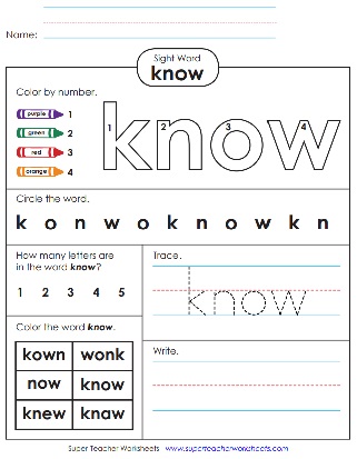 know - Snap Words Worksheet