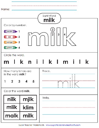 Literacy Worksheet: Sight Word - milk