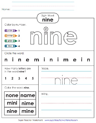 Literacy Worksheet: Sight Word - nine