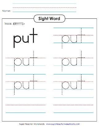 Snap Words Tracing Worksheets: Put