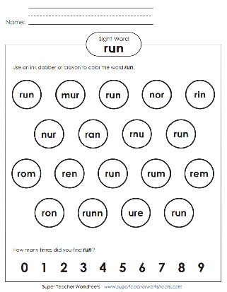 Sight Words Coloring Worksheets: Run