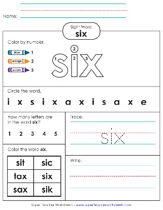 Literacy Worksheet - Sight Word - Six