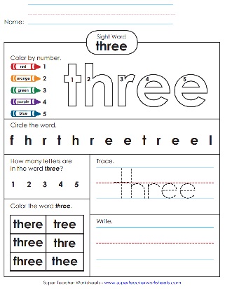 Color Trace & Write the Snap Word: Three