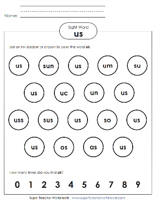 Dab or Color Sight Word Worksheet: Us