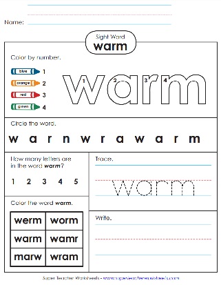 Printable Sight Word Sheet: Warm