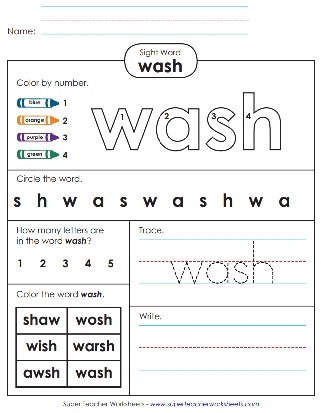 Snap Word Printable PDF: Wash