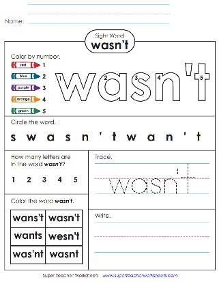 Word of the day Tracing Worksheet: Wasn't