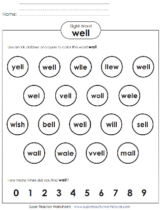 Color the Snap Word Worksheet: Well