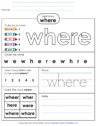 Color Trace & Write Sight Word PDF: Where