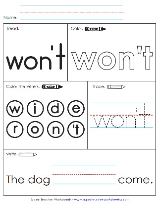 Word of the Day Exercise Worksheet: Won't