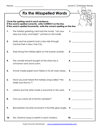 Christmas Spelling Worksheets - Fix Misspelled Words