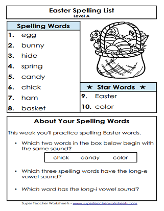 Easter Spelling Worksheets - List