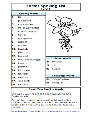 Easter Spelling Worksheets - List