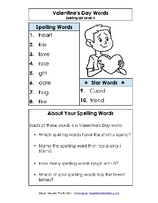 Spellind Words List Valentines Day Theme Worksheet