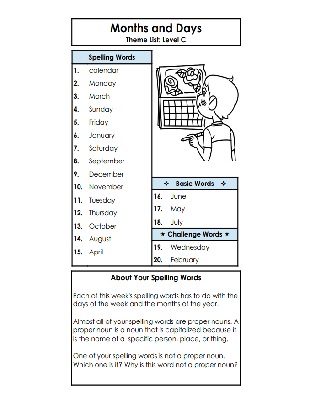 Calendar Spelling List