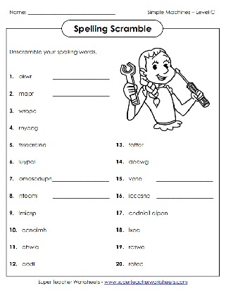 Spelling Unscramble Worksheet - Simple Machines