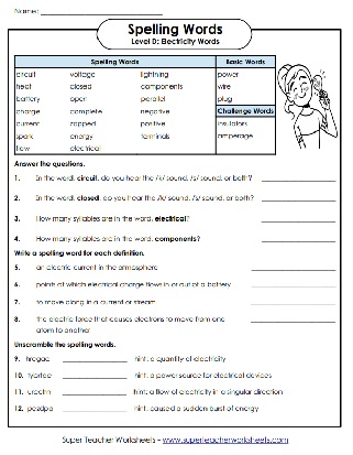 4th Grade Spelling - Electricity Words