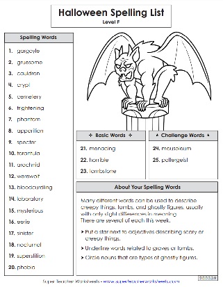 6th Grade Spelling Printables - Halloween