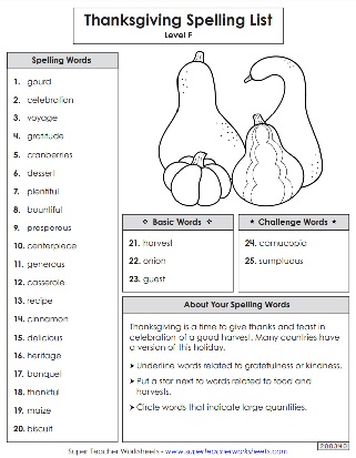 Thanksgiving Word List - Sixth Grade Spelling