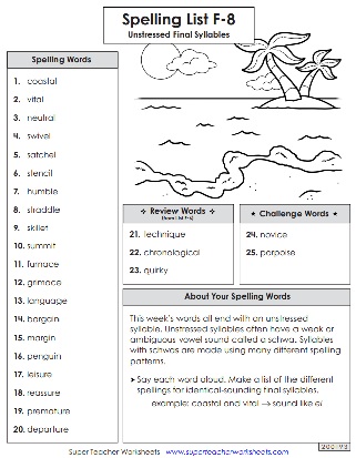 Printable Spelling Word List - 6th Grade