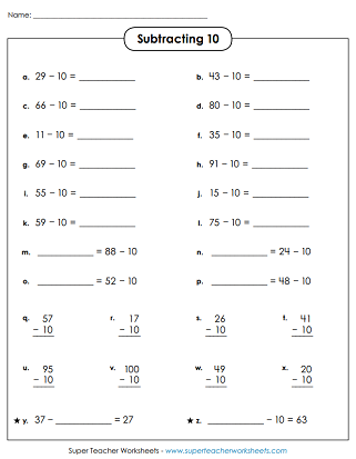 Subtracting 10 Worksheets