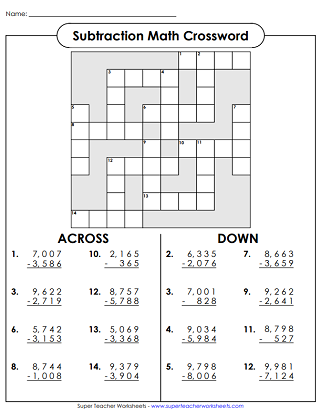 4-Digit Subtraction Worksheets - Crossword